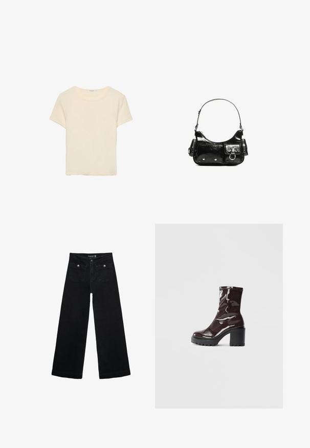 Krem-pigmentirana, majica s kratkim rukavima napravljena od mekog materijala. Ima klasičan okrugli izrez i opušteni kroj, bez uočljivih uzoraka ili akcenta.; Crne široke traperice s visokim strukom, koje imaju dva prednja džepa i metalne gumbe kao ukrase. Tkanina ima glatku teksturu.; Sjajna burgundska čizma do gležnja s debelim crnim potplatom, koja se odlikuje glatkom teksturom i jednostavnim dizajnom. Nema vidljivih kopčanja ili uzoraka.; Crna patentna kožna torba s zakrivljenim oblikom, jednim remenom za rame, prednjim džepovima i akcentima od srebrnog tona.