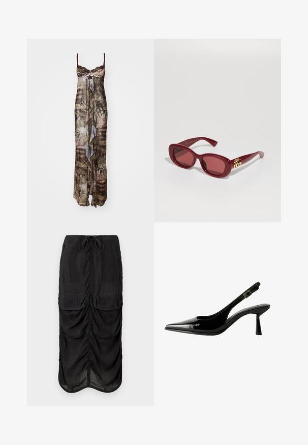 Maxi šaty z ľahkého, polopriehľadného materiálu s kombinovaným hnedým a zeleným vzorom. Majú tenké ramienka a volánik na prednej strane.; Čierna midi sukňa vyrobená z ľahkého materiálu. Disponuje zberanými detailmi, dvoma prednými vreckami a elastickým pásom so šnúrkou pre prispôsobenie.; Čierne lakované kožené slingback lodičky s špicatou špičkou, vyrezávanými bokmi, nastaviteľným remienkom okolo členka a tenkým, elegantným podpätkom.; Červené plastové slnečné okuliare s obdĺžnikovým rámom, tónovanými sklami a zlatým logom na stranách. Hladký, lesklý povrch.; Čierny kvetinový náhrdelník s lístkami v vrstvenom prevedení, nosený s čiernym rebrovaným tielkom s striebornými akcentmi pozdĺž výstrihu a ramien.