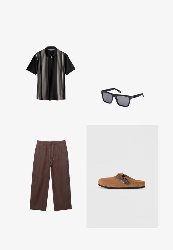 Čierne polo tričko s vertikálnymi pruhmi v sivej, krémovej a tmavosivej farbe. Má zipsový golier a textúrovanú látku. Krátke rukávy.; Hnedé ľanové nohavice s širokými nohavicami a šnúrkou v páse, s dvoma bočnými vreckami a ľahkým, štruktúrovaným materiálom.; Hnedé semišové klobúky s nastaviteľným hnedým koženým remienkom a striebornou sponou, s tvarovanou korkovou stielkou a textúrovanou gumovou podrážkou.; Čierne obdĺžnikové slnečné okuliare s tmavými sklami, matným povrchom a logom na spánku. Dizajn má rovné hrany a hrubé rámy.