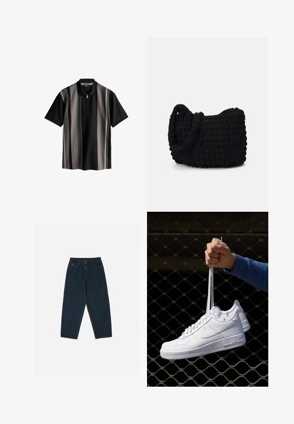 Crna polo majica s vertikalnim prugama u sivoj, krem i tamnosivoj boji. Ima zatvarač na ovratniku i teksturiranu tkaninu. Kratki rukavi.; Tamno plave traperice visokog struka s opuštenim krojem, s pet džepova i zatvaranjem na gumb. Izrađene od denima s glatkom teksturom.; Bijele kožne tenisice s perforacijama, okruglim vrhom, ravnim potplatom i debelim vezicama, s vidljivim swoosh logom i natpisom "AIR" na peti.; Crna platnena torba s teksturiranim, kviltanim uzorkom. Okrugli oblik, kratke, debele ručke i meka, fleksibilna struktura.
