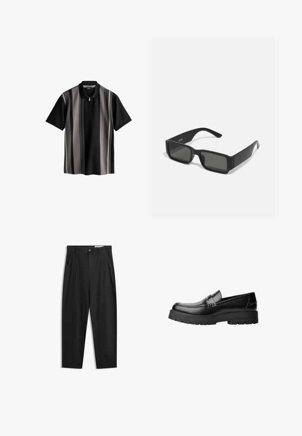 Polo noir avec des rayures verticales en gris, crème et gris foncé. Présente un col zippé et un tissu texturé. Manches courtes.; Pantalon en coton noir avec une coupe décontractée, dotés d'une taille classique, de plis à l'avant et de poches latérales. Texture lisse sans motifs.; Mocassin en cuir noir avec semelle épaisse à motifs et une sangle décorative sur le dessus, présenté en profil sur le côté gauche sur fond blanc.; Lunettes de soleil noires avec des verresrectangulaires, monture en plastique mat et bords droits. Présente le logo de la marque sur le bras intérieur.