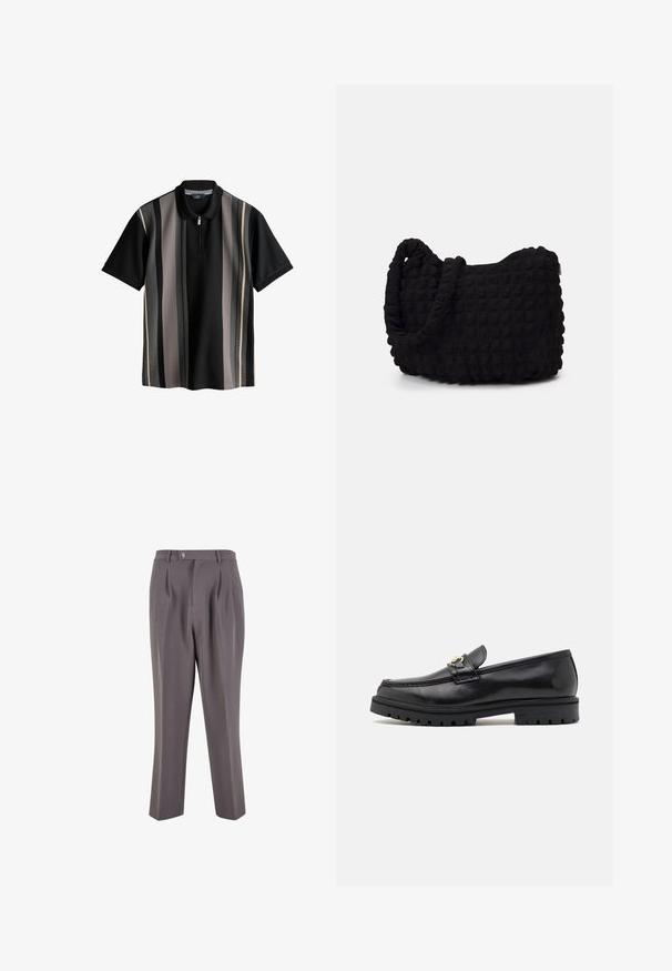 Zwarte poloshirt met verticale strepen in grijs, crème en donkergrijs. Voorzien van een ritskraag en een gestructureerde stof. Korte mouwen.; Grijze geplooide broek gemaakt van gladde stof, met een rechte pijpdesign, een enkele knoopsluiting en schuine zijzakken.; Zwarte leren instappers met een zachte afwerking, ronde neus, een decoratieve band met gouden hardware en een robuuste zwarte zool.; Zwarte stoffen tas met een gestructureerd, gewatteerd patroon. Rondvormig, korte, dikke handvatten en een zachte, flexibele structuur.