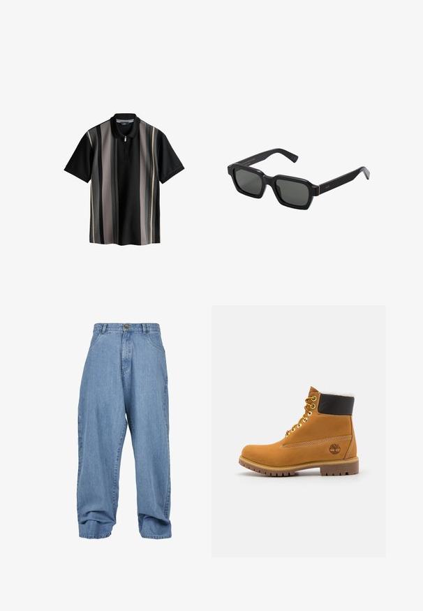 Fekete polo felső, függőleges csíkokkal szürke, krémszínű és sötétszürke színben. Cipzáras gallérral és texturált anyaggal rendelkezik. Rövid ujjú.; Világoskék denim nadrág, laza fazonnal, gombos záródással, elülső zsebekkel és pohárkialakítással, klasszikus öt zsebes kialakítással.; Barna bőrből készült bokacsizma fém fűzőlyukakkal, fehér szőr béléssel, fekete párnázott gallérral, strapabíró talppal és dombornyomott logóval az oldalán.; Fekete, négyzet alakú napszemüveg szürke lencsékkel. Vastag műanyag keretek arany díszítéssel és márkázással a szárán. Sima felület.