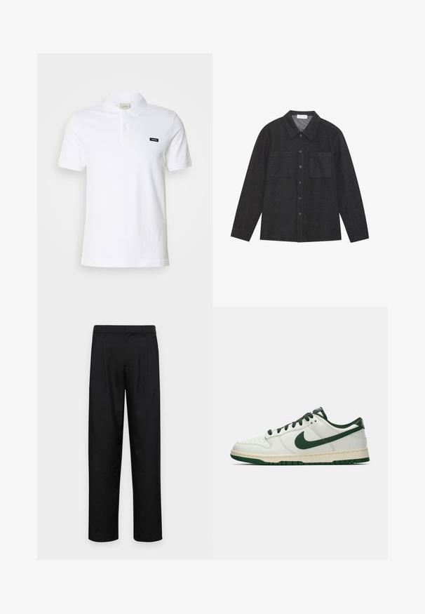 Tricou polo din bumbac alb, cu guler clasic, mâneci scurte și un mic logo Calvin Klein negru pe pieptul stâng.; Cămașă gri închis, dintr-un material texturat, cu guler ascuțit, închidere cu nasturi și două buzunare pe piept. Mâneci lungi cu mansete închise cu nasturi.; Pantaloni negri dintr-un material neted, cu un design drept, două pliuri frontale și un tiv standard cu bucle pentru curea.; Adidași albi cu vârf jos, având swoosh-ul Nike în verde închis, șireturile și accentele tălpii, prezentați în profil pe un fundal alb simplu.