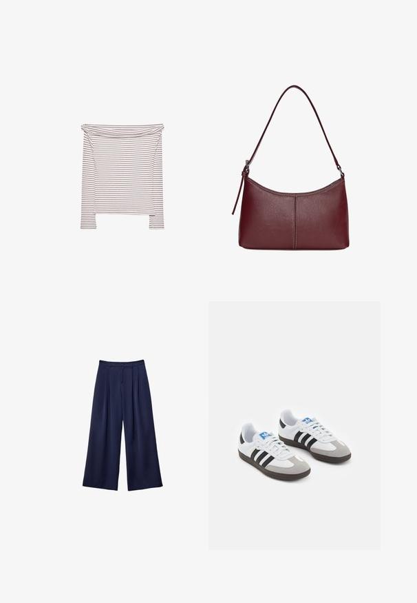 Prúžkovaný off-shoulder top z jemného materiálu, s tenkými čiernymi pruhmi na svetlom pozadí, úzkym strihom a dlhými rukávmi.; Námornícky modré široké nohavice s pukmi, zapínaním na gombík a pútkami na opasok, zobrazené ležiace na bielom pozadí.; Športové topánky s bielym koženým zvrškom, šedou semišovou špičkou a tromi čiernymi pruhmi. Obsahujú modré logo na jazyku a štruktúrovanú gumovú podrážku.; Bordová kožená kabelka s zakriveným tvarom, s jedným ramenným popruhom a prešitými detailmi v strede. Hladký povrch, minimalistické príslušenstvo.