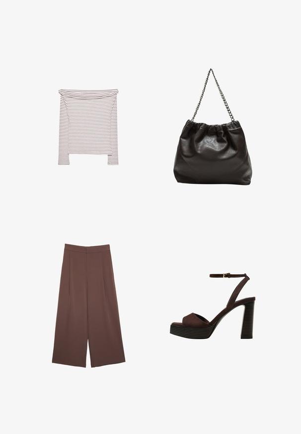 Gestreepte off-shoulder top in een zachte stof, voorzien van dunne zwarte strepen op een lichte achtergrond, aansluitende corsage en lange mouwen.; Bruine wijde broek met een gladde textuur, voorzien van een hoge taille en plooien aan de voorkant. De stof is lichtgewicht en valt losjes.; Bruine suède high-heeled sandaal met een open teen, verstelbare enkelband en een gestreepte plateauzool.; Bruine leren tas met een geplooide bovenkant en een kettinghengsel. Glad textuur met een glanzende afwerking en subtiele naaddetails aan de zijkanten.