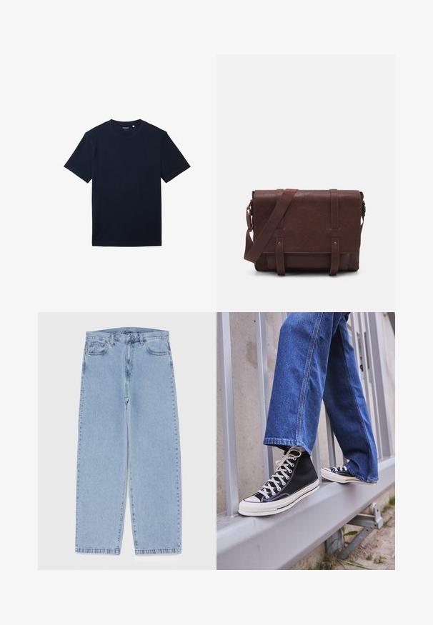 Marineblaues Baumwoll-T-Shirt mit kurzen Ärmeln, klassischem Rundhalsausschnitt und glatter Textur. Einfaches Design, keine Muster oder sichtbaren Akzente.; Hellblaue Jeans aus Denim mit geradem Bein, ausgestattet mit einer mittelhohen Taille, fünf Taschen sowie einem Knopf- und Reißverschluss.; Schwarze High-Top-Sneaker mit weißer Sohle und Schnürsenkeln, kombiniert mit lockeren blauen Jeans, die auf einem grauen Geländer ruhen.; Braune Leder-Umhängetasche mit einer flachen Vorderklappe, zwei Riemen, goldenen Hardware-Akzenten und einem verstellbaren Schultergurt.; Silberner Edelstahl-Armbanduhr mit rundem grünen Zifferblatt, silbernen Stundenindikatoren, Datumsanzeige und Metallgliederarmband. Wasserdicht bis 50 Meter.