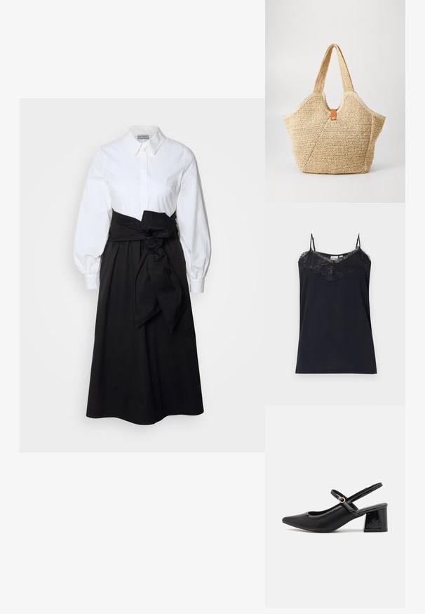 Zwarte cami met dunne verstelbare schouderbandjes en kantafwerking langs de halslijn. Gladde textuur, strakke pasvorm en rafelige kant randen.; Witte blouse met lange pofmouwen, gecombineerd met een zwarte rok en een stoffen riem die op de taille is geknoopt, gemaakt van gladde katoen.; Zwarte gepolijste leren slingback hakken met een spitse neus, een ronde uitsnede en een blokhak. Voorzien van een gouden gespaccent.; Grote stro tote bag met een getextureerde, beige buitenkant en twee brede handvatten. Beschikt over een leren accentriem voor sluiting.