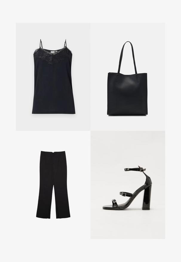 Svart camisole med tunna justerbara axelremmar och spetsdekoration längs med ringningen. Slät textur, figurnära passform och fransade spetskanter.; Svarta byxor med rak passform, utrustade med framfickor och sidoklyvningar vid fållen. Tillverkade av mjukt, slätt tyg. Lämpliga för olika tillfällen.; Svarta lackerade klacksandaler med fyrkantig tå, ankelremmar och silverfärgade spännen. Har en kraftig blockklack för stabilitet.; Svart lädertoffelväska med slät textur, rektangulär form och två långa handtag. Ingen synlig hårdvara eller dekorationer.