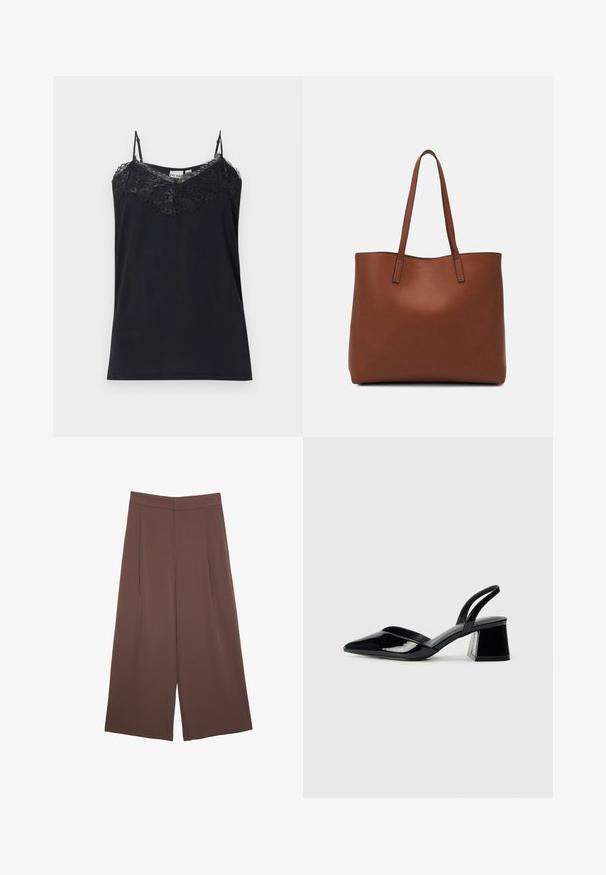 Zwarte cami met dunne verstelbare schouderbandjes en kantafwerking langs de halslijn. Gladde textuur, strakke pasvorm en rafelige kant randen.; Bruine wijde broek met een gladde textuur, voorzien van een hoge taille en plooien aan de voorkant. De stof is lichtgewicht en valt losjes.; Zwarte gepatineerde leren slingback hakken met een spitse neus en een geometrische blokhak. Kenmerkt zich door een slank, minimalistisch ontwerp en een gladde textuur.; Bruine leren tote bag met een gladde textuur, een ontwerp met een open bovenkant en twee schouderbanden. Kenmerkt zich door minimale stiksels en geen zichtbare hardware.