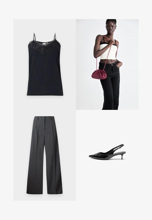 Must mustriga mustriga õlast õlavarrega ja pitsdetailidega kaeluses. Sile tekstuur, keha lähedane lõige ja kulunud pitsservad.; Tumesed püksid tumesinises kangas, kõrge vöökoht, üks voldik ning sile struktuur puhaste ääristega.; Mustad nahast rihmikud terava nina, madala kassisaba kand ja volditud detailiga eespool. Siledat tekstuuri ja minimalistlikku disaini.; Burgundia pehmeast kangast käekott, millel on kokkuvõetud disain ja pikk rihm, kantud üle keha. Mudel kannab valget crop-topi ja musti teksaseid.