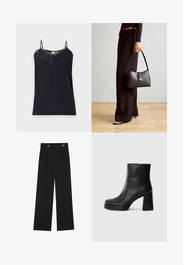 Camisetta nera con spalline sottili regolabili e bordo in pizzo lungo il décolleté. Tessuto morbido, forma aderente e bordi in pizzo sfilacciati.; Pantaloni neri a gamba larga con vita alta, dettagli con bottoni in vita e pieghe frontali.; Stivale alla caviglia in pelle nera con tacco a blocco e suola platform, visto di lato su uno sfondo bianco uniforme.; Borsa nera con forma strutturata, texture liscia e una chiusura metallica. Abbinata a pantaloni neri larghi e sandali open-toe su un pavimento in legno.