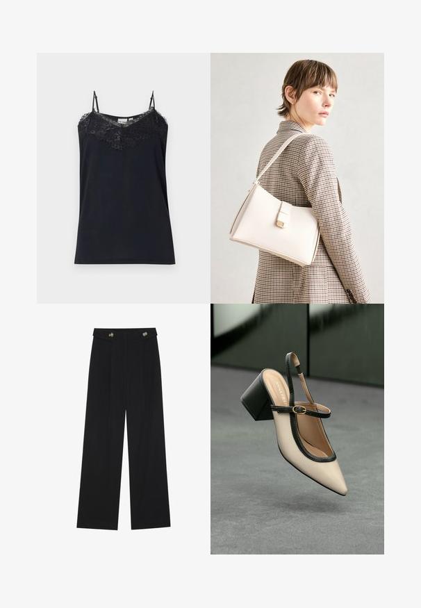 Juodas kaspinėlis su plonomis reguliuojamomis petnešomis ir nėrinių apvadu aplink dekoltė. Lygus paviršius, prigludusi forma ir nerišti nėrinių kraštai.; Juodi plačios kojos kelnės su aukštu liemeniu, sagų detalėmis ant liemens ir priekinėmis raukšlėmis.; Šviesiai rudos suknelės bateliai su juodu apvadu, auksine sagtimi ir masyviu blokiniu kulnu, stovintys ant pilkos grindų su tamsiai žalia fonu.; Balto odos rankinė su struktūrizuotu dizainu, turinti magnetinį užsegimą ir petnešą, demonstruojama prieš neutralią foną.