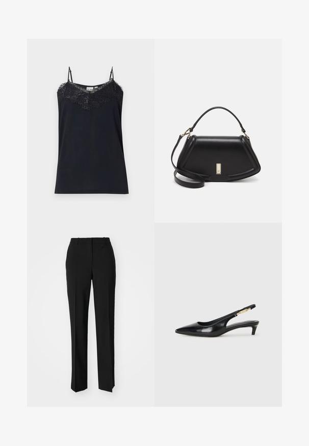 Schwarzes Top mit dünnen, verstellbaren Trägern und Spitzenbesatz entlang des Ausschnitts. Glatte Textur, figurbetonte Form und ausgefranste Spitzenkanten.; Schwarze, taillierte Hose mit geradem Bein, aus einem glatten Stoff und mit klaren Falten an der Vorderseite. Keine sichtbare Hardware.; Schwarze Leder-Slingback-Pumps mit spitzem Schuhblatt, ausgestattet mit einem schlanken Absatz und einem goldfarbigen Akzent am verstellbaren Riemen. Glatte Textur.; Schwarze Lederhandtasche mit einem strukturierten Design, das eine verkürzte Form, einen oberen Griff und goldfarbene Hardware-Details aufweist. Verstellbarer Schulterriemen ist enthalten.