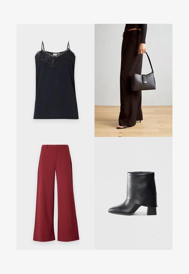 Schwarzes Top mit dünnen, verstellbaren Trägern und Spitzenbesatz entlang des Ausschnitts. Glatte Textur, figurbetonte Form und ausgefranste Spitzenkanten.; Weite Hosen in einem tiefen Burgunderfarbton. Hergestellt aus einem glatten, dehnbaren Stoff mit taillierten Nähten und einem Reißverschluss auf der Vorderseite.; Schwarze Lederstiefelette mit spitzer Zehenform, glatter Oberfläche und strukturiertem Blockabsatz. Mit einem hohen, gefalteten Schaftdesign.; Schwarze Handtasche mit strukturierter Form, glatter Textur und einem metallischen Verschluss. Kombiniert mit weiten schwarzen Hosen und offenen Sandalen auf einem Holzboden.