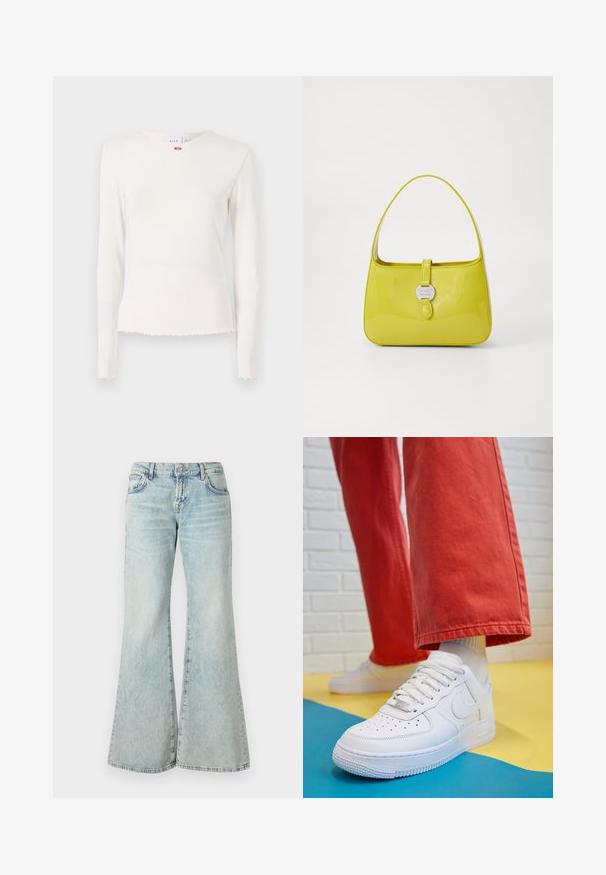Hosszú ujjú, bordázott fehér felső, kerek nyakkivágással, rojtos aljjal és diszkrét virágmintával a gallér mellett. Puha, texturált anyag.; Világoskék, trapéz szabású farmernadrág, magas derékkal, zsebekkel és fonott szegéllyel. Az anyag kifakult mosást és finom textúrát mutat.; Fehér bőr edzőcipő perforált orral, texturált talppal és fehér fűzővel, széles vörös nadrággal párosítva, kék és sárga háttérrel.; Sárga lakkbőr kézi táska, strukturált formával, tetején fogantyúval és elöl snap záródással, amelyen egy kör alakú fém logó dísz található.