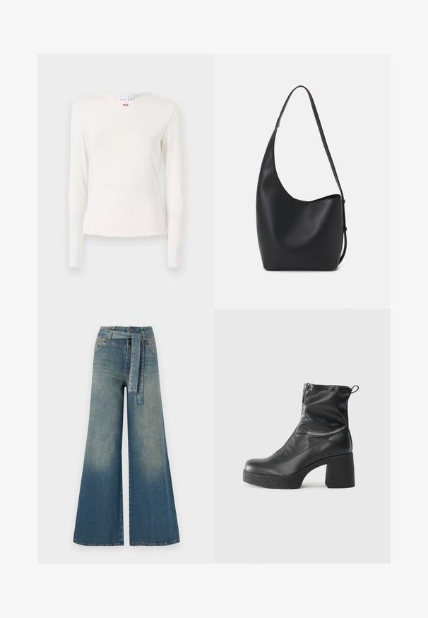 Long-sleeve, ribbed white top with a round neckline, frayed hem, and subtle floral accent near the collar. Soft, textured fabric.; Wide-leg denim trousers featuring a light to dark blue gradient, high waist, belt loops, and a matching fabric belt. Textured denim finish.; Black ankle boots made of smooth leather, featuring a side zipper, chunky textured heel, and rounded toe design.; Black leather hobo bag with a smooth texture, curved shape, and single adjustable strap; features a wide opening at the top.