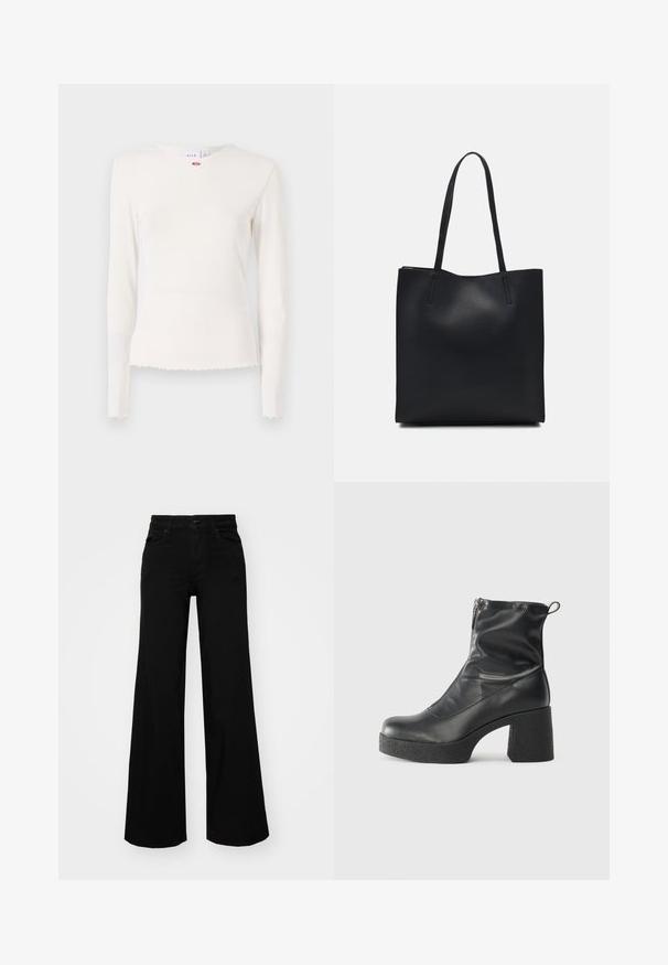 Hosszú ujjú, bordázott fehér felső, kerek nyakkivágással, rojtos aljjal és diszkrét virágmintával a gallér mellett. Puha, texturált anyag.; Fekete, bő szárú farmernadrág, amelynek állítható derékrésze van, övhurkokkal és elülső zsebekkel. Simaság jellemzi, klasszikus dizájnnal.; Fekete bokacsizmák sima bőrből, oldalsó cipzárral, vastag, texturált sarkú és lekerekített orrú dizájnnal.; Fekete bőrtáska sima felszínnel, téglalap alakú, két hosszú füllel. Nincs látható fémkiegészítő vagy díszítés.