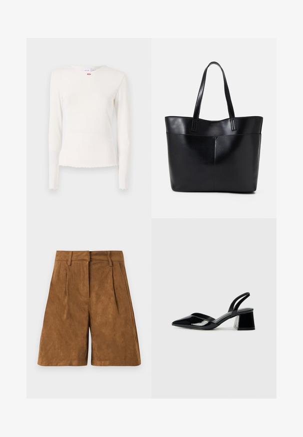 Långärmad, ribbad vit topp med rund halsringning, fransad nederkant och subtil blomsterdetalj nära kragen. Mjuk, strukturerad tyg.; Bruna mockakorts med en mjuk textur, försedda med framdragningar, en platt midja och en rak skärning.; Svarta lackläder slingback klackar med spetsig tå och geometrisk klack. Har en elegant, minimalistisk design och slät yta.; Svart läder tote-väska med två långa handtag, en slät yta och en strukturerad form. Har en framficka för extra förvaring.