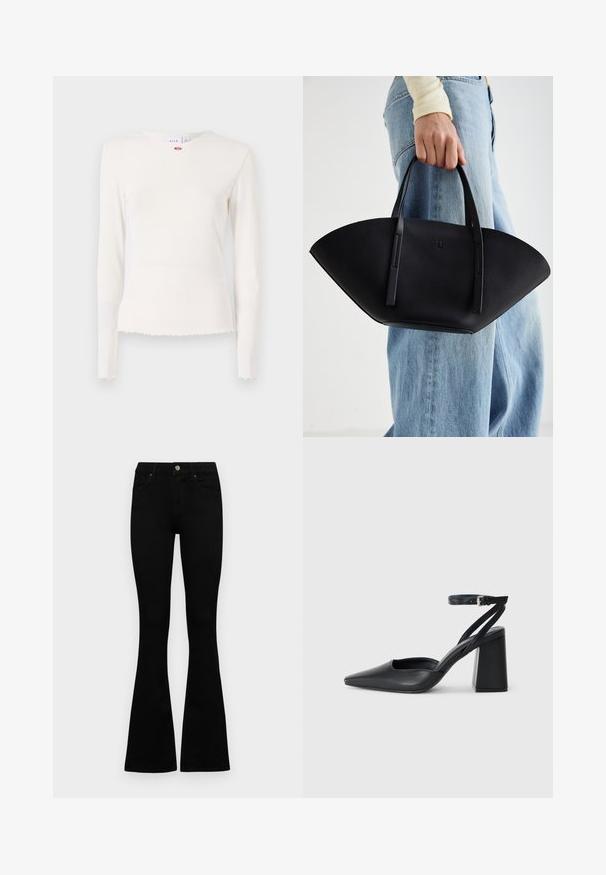 Biely top s dlhým rukávom a rebrovanou štruktúrou, okrúhlym výstrihom, potrhaným lemom a jemným kvetinovým akcentom pri golieri. Mäkka, štruktúrovaná látka.; Čierne vysoké nohavice s gombíkom a zipsom, predné vrecká a rozšírené nohavice položené na bielom pozadí.; Čierne kožené lodičky s špicatou špičkou a členkovým remienkom, s masívnym podpätkom. Hladký povrch, elegantný dizajn a minimalistická estetika.; Čierna kožená kabelka s jedinečným tvarom ventilátora, so plochými držadlami. Povrch má štruktúru s brúseným efektom a minimalistic design.