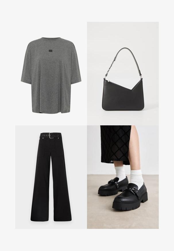 Szara, oversize t-shirt z miękkiego materiału. Posiada okrągły dekolt, krótkie rękawy i subtelne logo na środku.; Czarne spodnie o szerokich nogawkach wykonane z bawełny, z wysokim stanem, dużymi bocznymi kieszeniami i paskiem w talii z akcentami w kolorze srebrnym.; Czarne platformowe loafersy o gładkim wykończeniu ze skóry, z detalem klamry i ćwiekami, zestawione z białymi prążkowanymi skarpetkami.; Czarna skórzana torebka o trójkątnym kształcie, z cienkim paskiem i srebrnymi elementami. Posiada zamek błyskawiczny oraz wytłoczone logo z przodu.