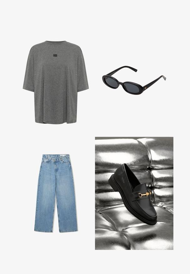 Siva nezašita majica iz mehkega materiala. Ima krožni ovratnik, kratke rokave in subtilen logo na sredini.; Svetlo modri široki kavbojki iz denima, ki imajo visok pas, pet žepov, zapiranje na gumb in subtilno zbledelost za teksturo.; Črne usnjene loafers čevlje s podrobnostjo iz zlatega tona. Čevlj je oblikovan v elegantnem slogu in ima gladko, sijočo teksturo.; Črne oversize sončne očala z ovalnimi lečami, gladkim plastičnim okvirjem in zlatenimi detajli na templjih. Temne leče zagotavljajo zaščito pred soncem.; Mehakna rjava torbica v hobo stilu z enim širokim trakom in ukrivljenim odprtjem na vrhu, prikazana na beli podlagi.