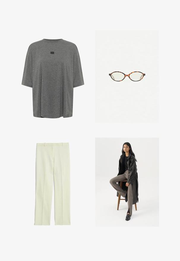 T-shirt grigio oversize realizzato in un tessuto morbido. Presenta un collo rotondo, maniche corte e un logo sottile al centro.; Pantaloni su misura color crema con un design a gamba dritta, dotati di una parte frontale piatta, passanti per cintura e una superficie liscia.; Cappotto lungo in pelle nera con dettagli di bottoni e cintura, abbinato a pantaloni aderenti marrone chiaro e mocassini neri, seduto su uno sgabello di legno.; Occhiali in tartaruga con lenti ovali e una finitura liscia e elegante. Presentano aste sottili con una leggera curva alle tempie. Lenti trasparenti.