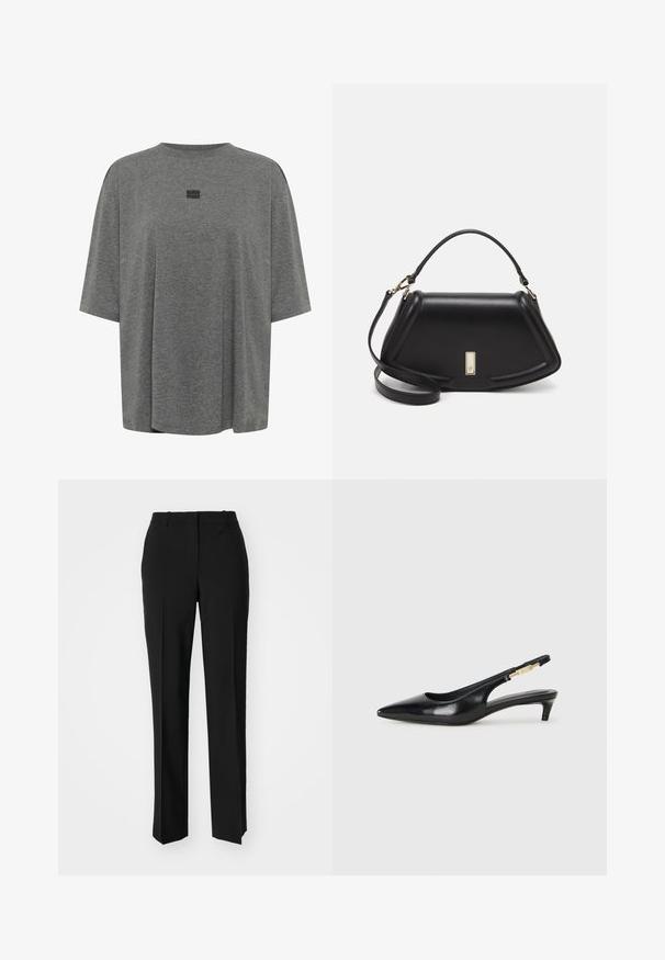 Pilkos spalvos per didelio dydžio marškinėliai, pagaminti iš minkštos medžiagos. Turi apvalų iškirpimą, trumpas rankoves ir subtilų logotipą centre.; Juodi pritaikyti kelnių modeliai su tiesiomis kojomis, pasižyminčios lygiomis tekstūromis ir ryškiomis klostėmis priekyje. Nėra matomų detalių.; Juodas odinis pavasario batelių modelis su smailiu nosiu, turintis siaurą kulniuką ir auksinės spalvos akcentu reguliuojamoje juostoje. Lygi tekstūra.; Juoda odinė rankinė su struktūrizuotu dizainu, turi trumpą formą, viršutinę rankeną ir auksinius akcentus. Pridėtas reguliuojamas peties diržas.