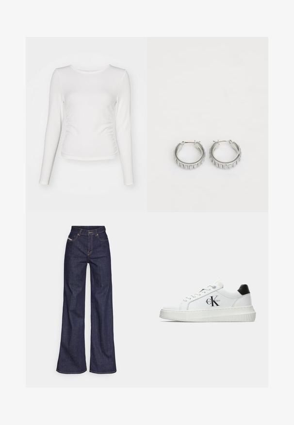 Fehér, hosszú ujjú felső bordás anyagból, testhez simuló fazonban, oldalt redőzött részletekkel és kerek nyakkivágással.; Sötétkék, bő szárú farmernadrág, magas derékkal, narancssárga varrással, öt zsebes kialakítással és gombos zárással.; Fehér alacsony szárú edzőcipő fekete saroktabbal, platform talppal, fűzőkkel és Calvin Klein "CK" logóval az oldalán.; Ezüst fülbevalók, texturált mintával, függőleges barázdákkal. Kerek forma, biztos záródással. Sima felület.