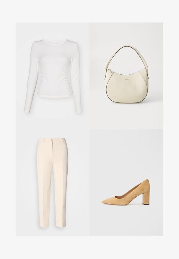 Fehér, hosszú ujjú felső bordás anyagból, testhez simuló fazonban, oldalt redőzött részletekkel és kerek nyakkivágással.; Krém színű, magas derekú nadrág, textúrált anyagból készült. Elülső gombos záródással és keskeny lábakkal rendelkezik.; Beige velúr magassarkú cipő, hegyes orral és tömzsi sarokkal. Az anyag puha tapintású, sima felületű.; Krém színű kézi táska texturált felülettel, ívelt formával, rövid fogantyúval és arany színű logó részlettel. Cipzáros záródás a tetején.