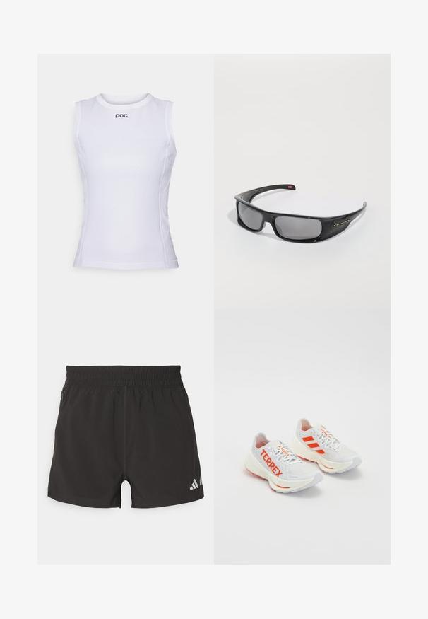 Camisa atlética sem mangas branca feita de material de malha texturizada. Apresenta um decote redondo e um pequeno logótipo na parte da frente.; Calções atléticos pretos feitos de um tecido leve. Apresentam uma cintura elástica, bolso lateral com fecho éclair e um logo refletor na barra.; Sapatos de corrida brancos com detalhes em laranja. Material em malha, bico arredondado e entressola grossa. "TERREX" impresso no lado lateral e três riscas no calcanhar.; Óculos de sol Oakley pretos, em formato envolvente, com lentes retangulares escuras e braços curvados, sobre um fundo branco plano.