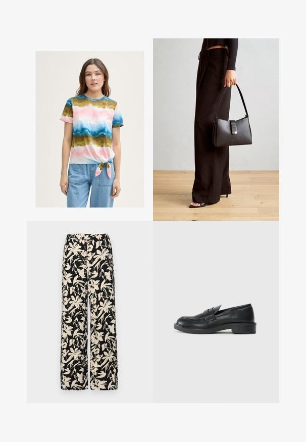 Multifarvet T-shirt med knyt foran og gradientmønster i pink, blå og grønne nuancer. Korte ærmer og rund halsudskæring. Stoffet er en blanding af bomuld.; Sorte vide bukser med et mønster af cremefarvede blomster. Lavet af letvægtsstof, som har en glat tekstur og en høj talje.; Sorte læder loafers med rund tå, stikninger og en lille hæl. Glat tekstur og en fleksibel gummisål.; Sort håndtaske med struktureret form, glat overflade og metalspænde. Sammen med brede sorte bukser og sandaler med åben tå på trægulv.
