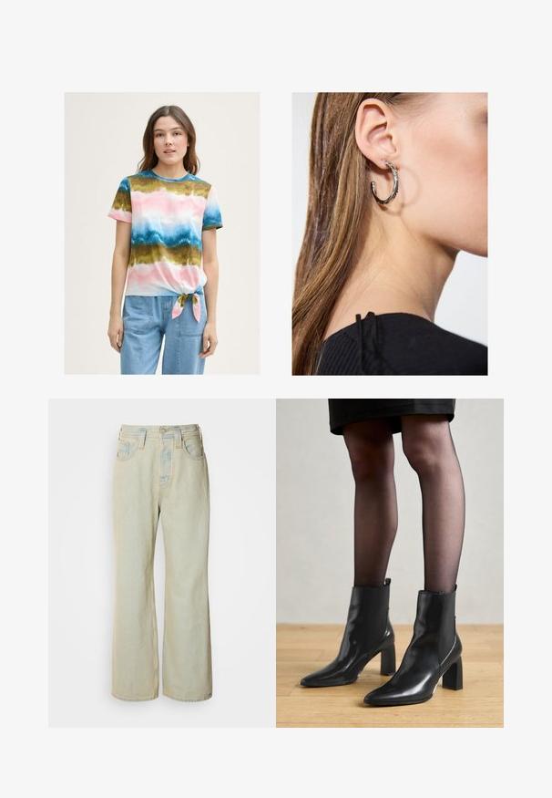 Mnohobarevné tričko s viazaním vpredu s gradientným vzorom v ružových, modrých a zelených odtieňoch. Krátke rukávy a okrúhly výstrih. Zmes bavlny.; Svetlomodré široké džínsy vyrobené z denimu, s vysokým pásom, piatimi vreckami a jemným vyblednutím s kontrastným prešívaním.; Čierne kožené členkové topánky s špicatou špičkou, robustný štvorcový opätok a elegantný dizajn. Obsahujú elastické bočné panely pre jednoduché obúvanie.; Strieborná kruhová náušnica s lesklým povrchom, obsahujúca malé zlaté akcenty a okrúhly tvar, nosená na lalôčiku ucha.