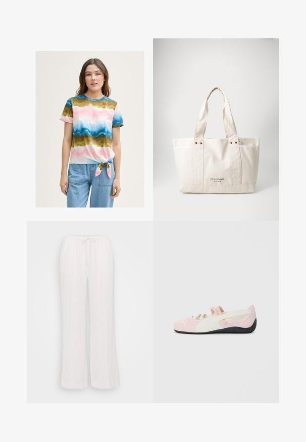 Večbarvna majica s kravato na sprednji strani in gradientnim vzorcem v rožnatih, modrih in zelenih odtenkih. Kratke rokave in okrogel izrez. Tkanina iz mešanice bombaža.; Bele široke hlače iz lahkega materiala, ki imajo elastičen pas z vrvico in vertikalne šive za teksturo.; Roza semiš lahka čeveljka z belimi detajli, gumijastim podplatom in elastikami. Ima strukturirano zasnovo in majhen logotip spredaj.; Platnena torba v svetlem bežnem odtenku z dvema trdnima ročajema, kontrastnim belim robom in logotipom "THE NORTH FACE" v črni barvi na sprednji strani.