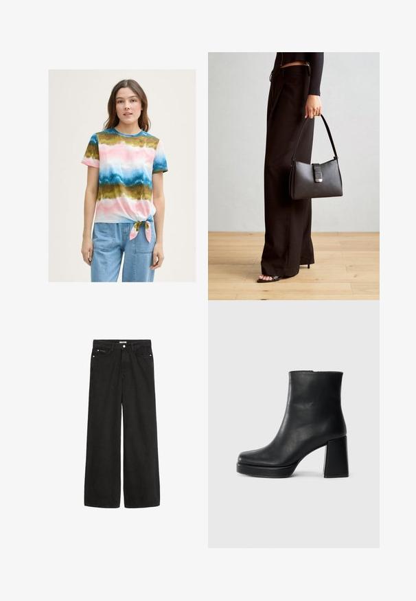 Multikleurige T-shirt met knoopdetail en een gradientpatroon in roze, blauw en groene tinten. Korte mouwen en een ronde hals. Van katoenmix.; Zwarte denim jeans met wijde pijpen en een hoge taille. Bevat vijf zakken, metalen beslag en een nette afwerking. De textuur is glad en zacht.; Zwarte leren enkelboot met een blokhak en platformzool, zijaanzicht op een effen witte achtergrond.; Zwarte handtas met gestructureerde vorm, gladde textuur en een metalen sluiting. Gecombineerd met brede zwarte broeken en sandalen met open teen op een houten vloer.