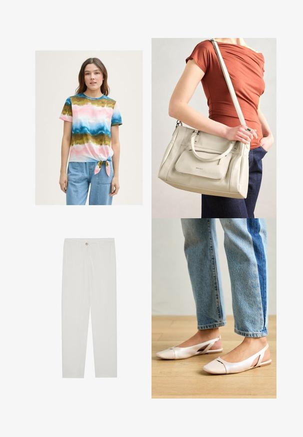 Mitmevärviline sidumisriidega T-särk, millel on roosa, sinine ja roheline gradientmuster. Lühikesed varrukad ja ümar kaelus. Puuvillasegu kangas.; Valged kohandatud püksid sirge lõikega, varustatud nupuga kinnitusega, vöödega ja küljetaskutega; sile kangatekstuur.; Kahvatu roosa slingback lapikute jalatsite paar, millel on terav varvas, valmistatud siledast nahataolisest materjalist. Omab külgedel lõikekohti ja lapikut kontsa.; Valge nahast käekott kahe käepidemega ja eemaldatava rihmaga, millel on eesmine lukuga tasku ja sile tekstuur. Kandub inimese käe peal.