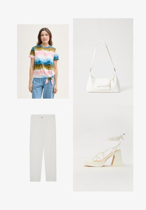 Multifarvet T-shirt med knyt foran og gradientmønster i pink, blå og grønne nuancer. Korte ærmer og rund halsudskæring. Stoffet er en blanding af bomuld.; Hvide, skrædderlavede bukser med lige ben design, udstyret med knaplukning, bæltesløjfer og sidelommer; glat stoftekstur.; Hvide højhælede sandaler med en kraftig hæl, der har et stropdesign og ankelbinding. Glat tekstur med en platform foran for ekstra højde.; Hvid syntetisk håndtaske med en trekantet form, flad forsideklap og sløjfedetalje, justerbar strop, glat tekstur og minimalistisk design.
