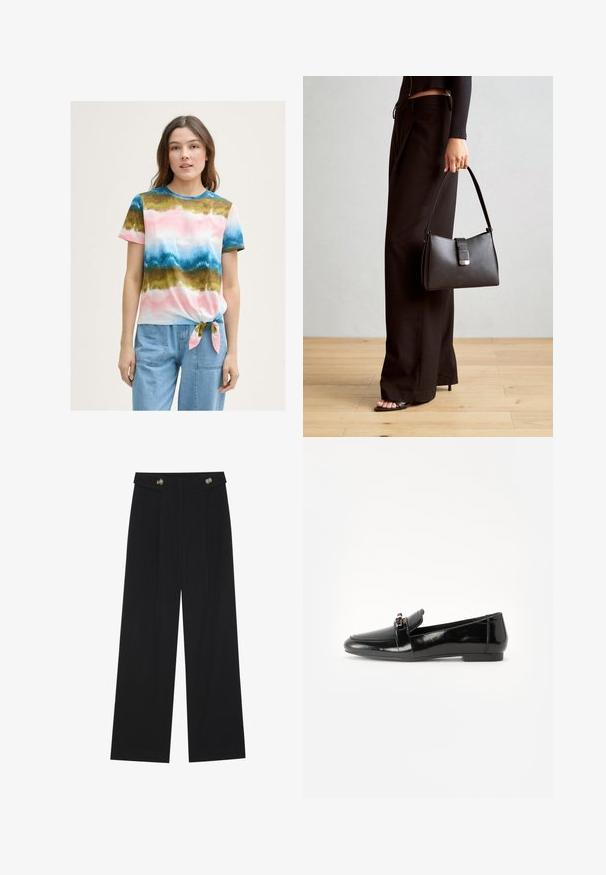 Multifarvet T-shirt med knyt foran og gradientmønster i pink, blå og grønne nuancer. Korte ærmer og rund halsudskæring. Stoffet er en blanding af bomuld.; Sorte vide bukser med høj talje, knapdetaljer på taljebåndet og frontfald.; Sort laklæder loafers med flad sål, rund tå og en dekorativ rem med en guld-tonet accent. Glat, blank finish.; Sort håndtaske med struktureret form, glat overflade og metalspænde. Sammen med brede sorte bukser og sandaler med åben tå på trægulv.