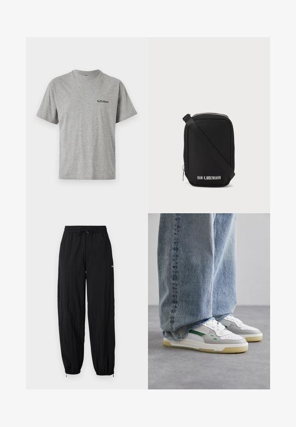 Szary t-shirt z krótkim rękawem wykonany z materiału bawełnianego, z okrągłym dekoltem i czarnym napisem „No Problemo” nadrukowanym z przodu.; Czarne, lekkie spodnie sportowe z elastycznym pasem, regulowanym sznurkiem i zwężanymi kostkami. Zawierają subtelny detal z logo.; Białe i szare sneakersy z zielonymi akcentami, z siateczkową cholewką i gumową podeszwą, w połączeniu z niebieskimi dżinsami o postrzępionych końcówkach.; Czarna torba o prostokątnym kształcie, wykonana z gładkiego materiału. Posiada suwak na górze, regulowany pasek i biały napis: "HAN KJØBENHAVN."