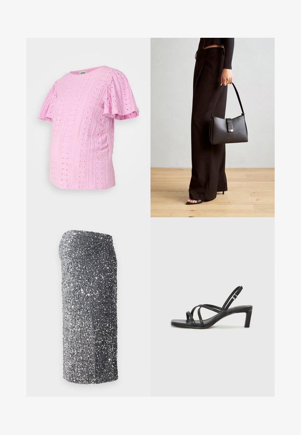 Šviesiai rožinė trumpa rankovė nėštumo marškiniai su tekstūruota skylėta konstrukcija, apvaliu iškirpimu ir raukšlėtomis rankovėmis. Minkšta medžiaga su subtiliais raštais.; Sidabrinė blizgučiais dekoruota suknelė su prigludusia forma, lygiu paviršiumi ir gradientiniu raštu nuo tamsiai pilkos iki šviesiai pilkos, trumpa apatine dalimi.; Juodi šlepetės su kvadratiniu pirštu ir žemu bloku kulnu. Yra keli ploni dirželiai ir reguliuojamas kulkšnies diržas. Pagaminti iš lygios odos.; Juodas rankinė struktūrizuota forma, lygi tekstūra ir metalinis užsegimas. Suporuota su plačiomis juodomis kelnėmis ir atvirais bateliais ant medinių grindų.