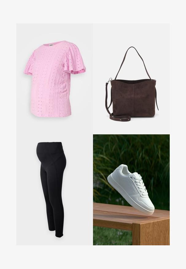 Light pink, short-sleeve maternity top with textured eyelet design, round neckline, and ruffled sleeves. Soft fabric with subtle patterns.; Black maternity leggings with a high waistband, made from stretchy material. Features a smooth texture and a fitted design for comfort.; White sneaker with a smooth synthetic upper, perforated toe box, flat laces, and a textured sole, displayed on a wooden surface.; Brown suede tote bag with a soft texture, featuring a single shoulder strap and a subtle curved top opening. No visible hardware details.