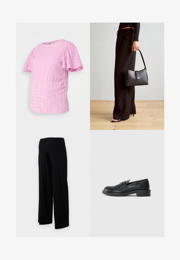 Lichtroze, mouwloze zwangerschapstop met een gestructureerd oogjesontwerp, ronde halslijn en ruches aan de mouwen. Zachte stof met subtiele patronen.; Zwarte wijde broek met een elastische tailleband en een gladde, rekbare textuur. Heeft een eenvoudig ontwerp, zonder patronen of versieringen.; Zwarte leren instappers met een ronde punt, gestikte details en een kleine hak. Soepele textuur en een flexibele rubberen zool.; Zwarte handtas met gestructureerde vorm, gladde textuur en een metalen sluiting. Gecombineerd met brede zwarte broeken en sandalen met open teen op een houten vloer.