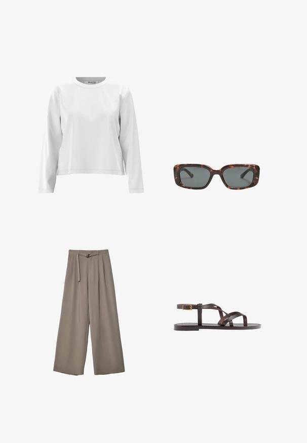 Maglietta bianca a maniche lunghe con scollatura rotonda, realizzata in tessuto morbido, con dettagli di cucitura minimal e una vestibilità rilassata.; Pantaloni a gamba larga in un morbido tessuto grigio tenue, con vita con cintura e pieghe per un tocco di design aggiuntivo. Texture liscia, senza motivi.; Sandal in pelle marrone con cinturini incrociati, chiusura con cinturino alla caviglia e suola piatta con dettagli di cucitura minimi.; Occhiali da sole tartaruga con lenti rettangolari, montatura spessa e lenti scure. Texture liscia e design minimalista.