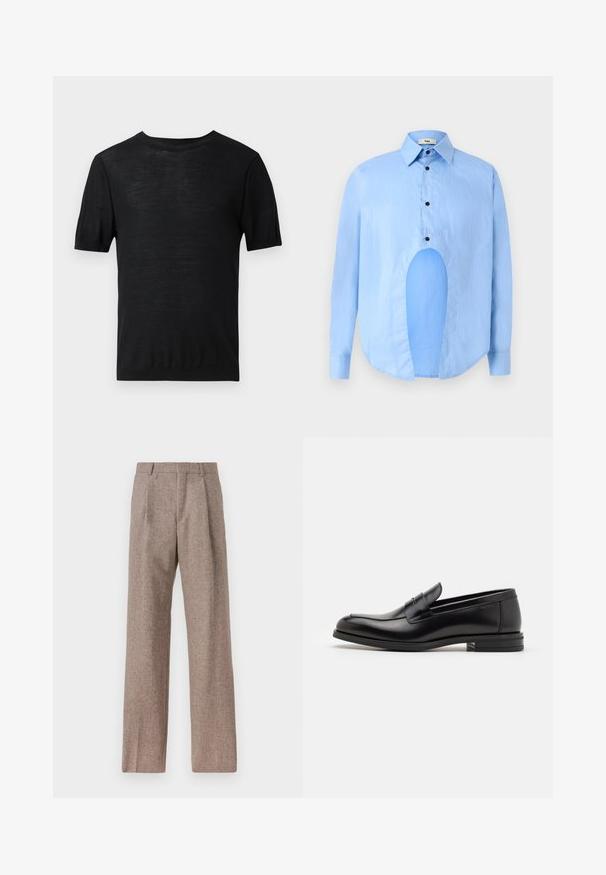 Black short-sleeve t-shirt in a lightweight, smooth texture with a round neckline and a simple, unembellished design.; Light blue long-sleeve shirt with a pointed collar, black buttons, and a unique cutout in the front for distinctive design.; Brown, high-waisted trousers made of textured fabric. Features wide legs and two front pleats for structure. Neat finish with no visible hardware.; Black leather loafers with a smooth texture, rounded toe, and a decorative strap across the vamp. Low stacked heel, minimalist design.