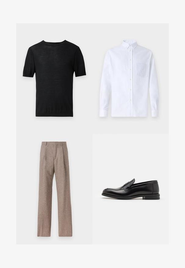 Zwarte korte mouwen t-shirt van een lichtgewicht, gladde textuur met een ronde halslijn en een eenvoudig, onversierd ontwerp.; Witte lange mouwen overhemd van katoen, met een borstzak met tonale borduring, een kraag en knopenmanchetten.; Bruine, hooggewaisted broeken van een gestructureerde stof. Heeft wijde benen en twee voorplooien voor extra structuur. Net afgewerkt zonder zichtbare hardware.; Zwarte leren instappers met een gladde textuur, ronde neus en een decoratieve band over de wreef. Lage, gestapelde hak en minimalistisch ontwerp.