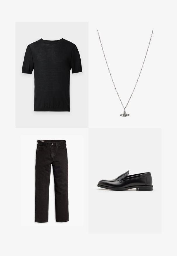 Zwarte korte mouwen t-shirt van een lichtgewicht, gladde textuur met een ronde halslijn en een eenvoudig, onversierd ontwerp.; Zwarte recht gesneden denim jeans met vijf zakken, knoopsluiting en riemlussen, plat gelegd op een witte achtergrond.; Zwarte leren instappers met een gladde textuur, ronde neus en een decoratieve band over de wreef. Lage, gestapelde hak en minimalistisch ontwerp.; Zilveren ketting met een gedetailleerde hanger in de vorm van een planeet, versierd met kleine accenten en verfijnde patronen.
