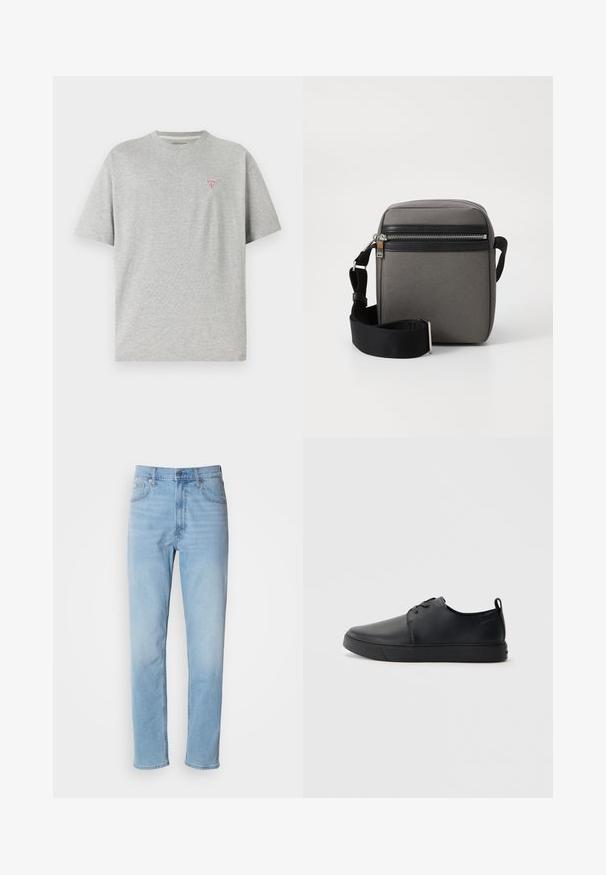 Grey cotton T-shirt with short sleeves; features a small red triangle logo on the left chest; classic crew neckline; smooth texture.; Light blue denim jeans with a straight fit, five pockets, and belt loops. Fabric presents a smooth texture with a slight fade effect.; Black leather sneaker with a smooth finish, rounded toe, tonal stitching, lace-up front, and a flat rubber sole. Loop at the heel.; Gray fabric crossbody bag with a black zippered pocket, adjustable strap, and rectangular shape. Features a smooth texture and metal hardware.