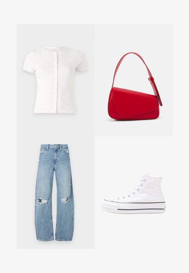 White short-sleeve ribbed knit cardigan with a rounded neckline and scalloped button placket, featuring subtle textured details throughout.; Light blue, high-waisted jeans made of denim. Feature wide legs, two torn knee areas, and classic five-pocket styling.; White high-top canvas sneaker with black rubber sole, front rubber toe cap, and six eyelets for laces, featuring a clean, minimalist design.; Red leather handbag with an angular, geometric design. Features a single adjustable strap and a flap closure with stitched detailing.