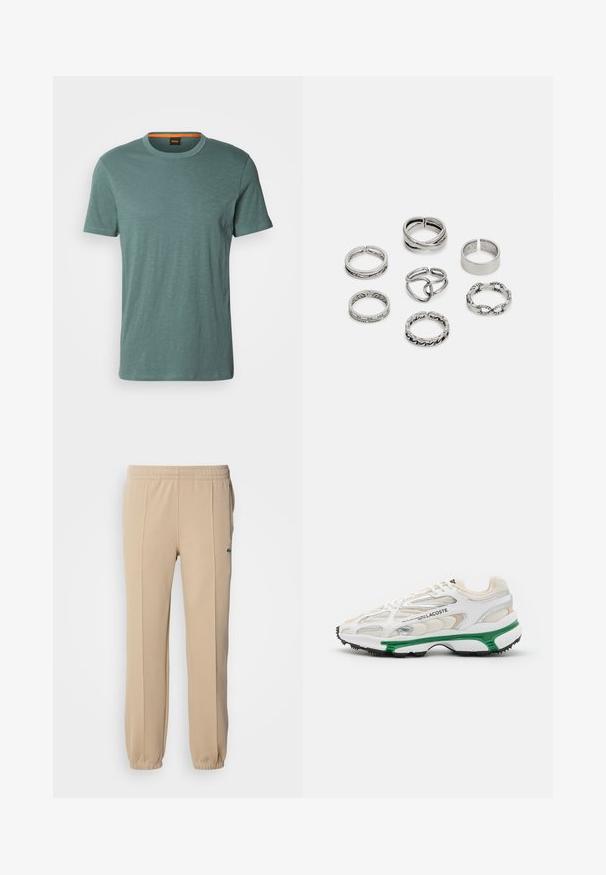 BOSS TEGOOD - Basic póló - open green; Lacoste Tréningruha alsók - viennese; Fehér sneaker zöld részletekkel és fekete gumitalppal. Háló és szintetikus panelek találhatók rajta, texturált felülettel és látható varrással.; Hét ezüst gyűrűből álló szett, különböző formákkal és szélességekkel, köztük csavart, összekapcsolt és gravírozott mintákkal.