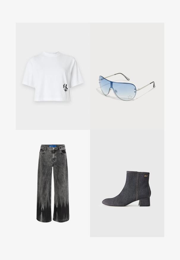 White cropped t-shirt made of cotton featuring short sleeves and a black logo design on the left side. Simple round neckline.; Wide-leg jeans in faded black denim, featuring a dip-dye effect, steel hardware, and a classic five-pocket design with a standard waistband.; Dark denim ankle boot with a pointed toe, block heel, visible stitching, and a subtle brand logo on the side. Smooth texture.; Aviator sunglasses featuring a gradient blue lens, silver metal frame, and decorative star accents on the lens. Smooth and sleek design.; Black patent leather handbag with a triangular shape, featuring a top zipper and adjustable strap. Logo "KARL LAGERFELD JEANS" in silver.